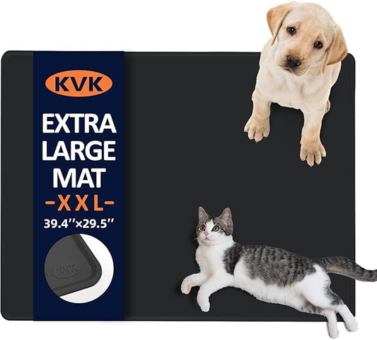 KVK Dog Food Mat, 39.4×29.5in Extra Large Silicone Pet Feeding Mat - Waterproof, Non - Slip, Chew - Resistant for Food & Water, Protect Floors (Charcoal)