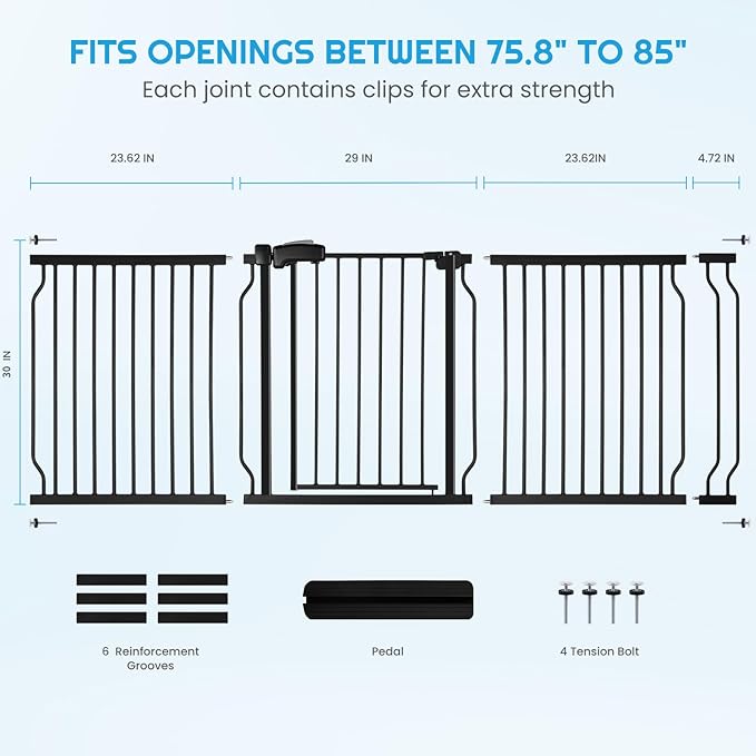 Extra Wide Baby Gate for Stairs Doorways with Door, 30" Tall 75.8-85" Wide Easy Install Dog Gate Indoor, Safety Metal Pressure Mounted Pet Gate with Walk-Thru Auto Close for The House, Black