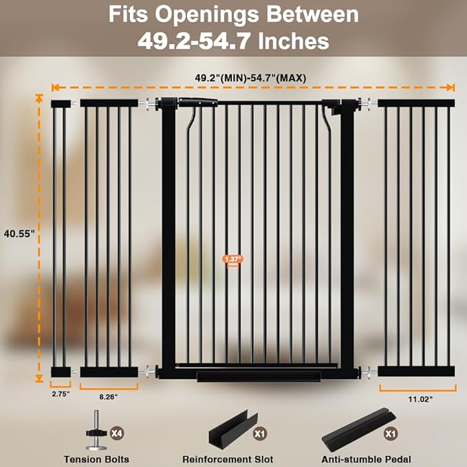 40.55" Extra Tall Baby Gate, 49.2-54.7 in Wide, No Drilling, Pressure Mounted Child Safety Gate with Door, Black