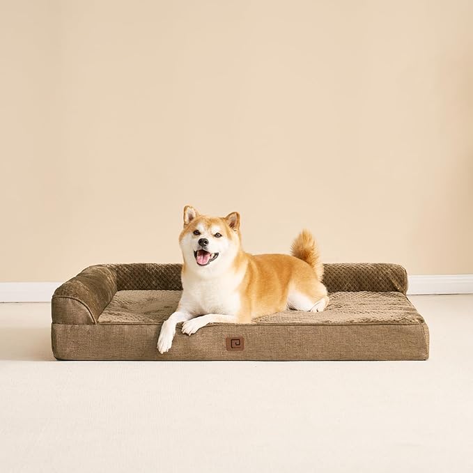 EHEYCIGA Memory Foam Dog Bed Large Sized Dogs, Pet Bed for Large Dog for Crate with Waterproof Liner, Pet Couch Bed Orthopedic with Washable Removable Cover, 35x23x6 Inches, Camel