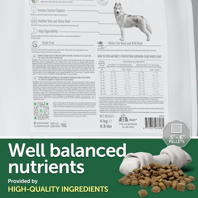 Nature's Protection Superior Care White Dogs Rice Based Dry Dog Food - High Protein, Tear Stain Dog Food for All Breeds Light Coated All Life Stages Dogs, Fresh Pet Meal, White Fish, 22 lb
