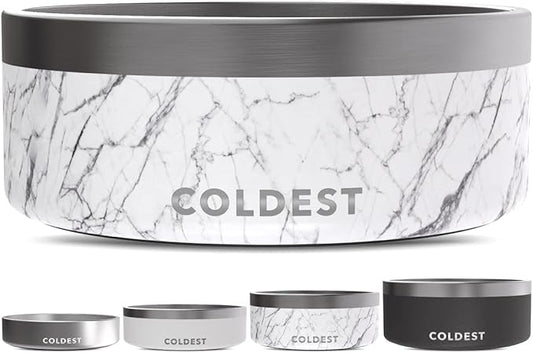 Coldest Dog Bowl - Anti Rust Metal, Non Slip, 3 Layers Insulated Stainless Steel Dog Bowls - Spill Proof & Heavy Duty - Water Bowl for Dogs, Cats & Pets, Dish Washer Safe (64 oz, Carrara Marble)