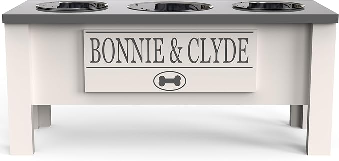 GrooveThis Woodshop - Personalized Elevated Triple Dog Bowl Stand for Large, Medium, Small, X-Small Dogs - 3 Stainless Steel Food and Water Bowls - Raised Dog Dish with Internal Storage (Large, Grey)