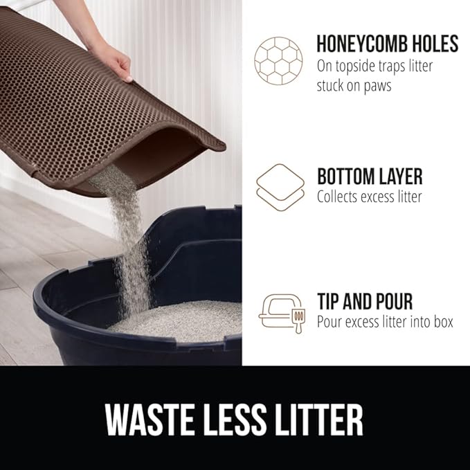 GORILLA GRIP Honeycomb Cat Litter Box Mat, Two Layer Trapping Waste Mats, Soft On Paws, Litter Box Supplies and Essentials for Indoor Cats, Traps Excess, Water Resistant for Floors, 24x15 Brown