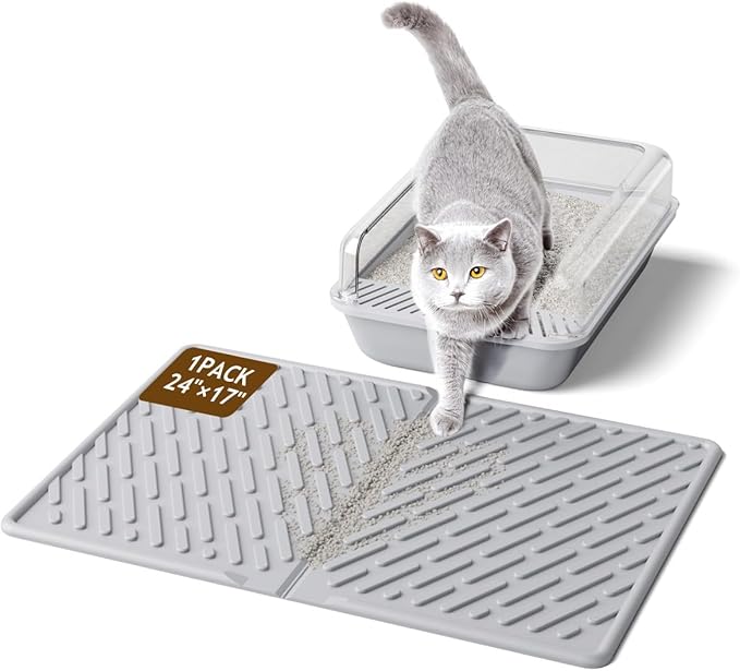 Cat Litter Mat with Grooves & Raised Edge, Urineproof/Waterproof, Litter Scattering Control, Easy to Clean & Recycle (24 * 17in-Grey-1 Pack)
