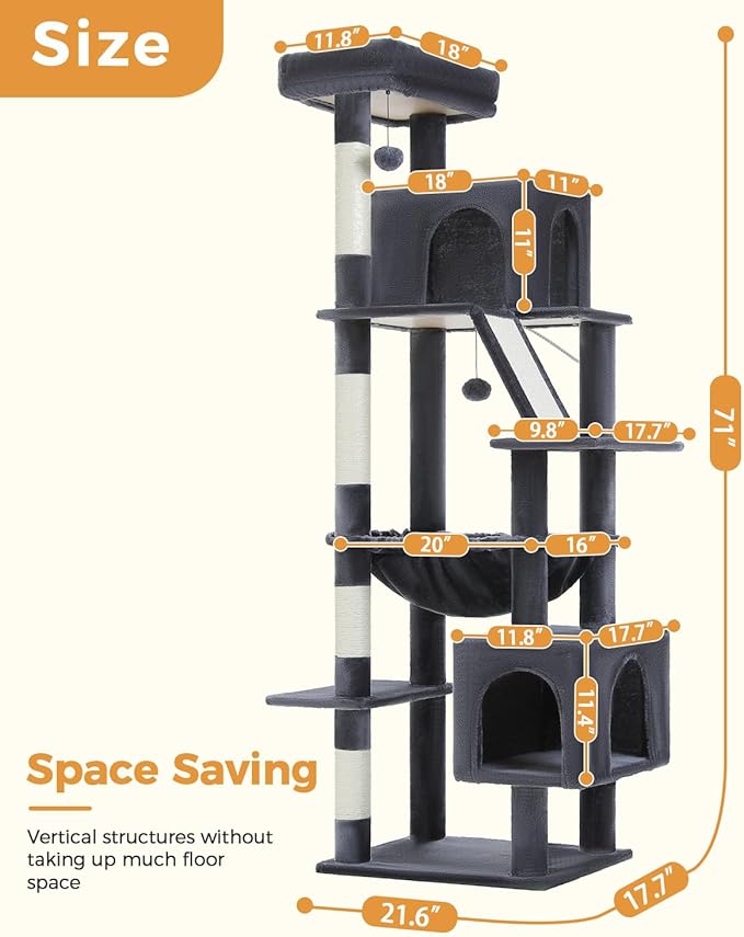 71" Tall Cat Tree for Large Cat 20 lbs with Super Large Hammock, Heavy Duty Cat Tower with 4 Sisal Scratching Posts & 2 Spacious Condos for Big Adult Cats Maine Coon -Dark Grey