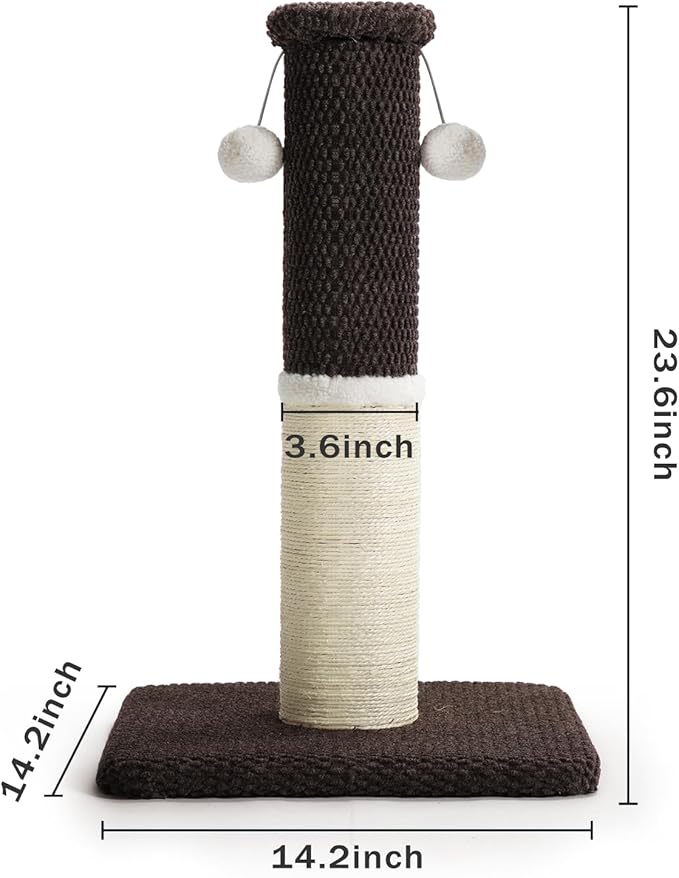 Made4Pets Tall Cat Scratching Post, Heavy Duty and Thicker Scratching Posts for Indoor Cats Adults, 23.6" Natural Sisal Cat Scratcher with Hanging Balls, Sturdy Base Cat Scratch Post, Brown