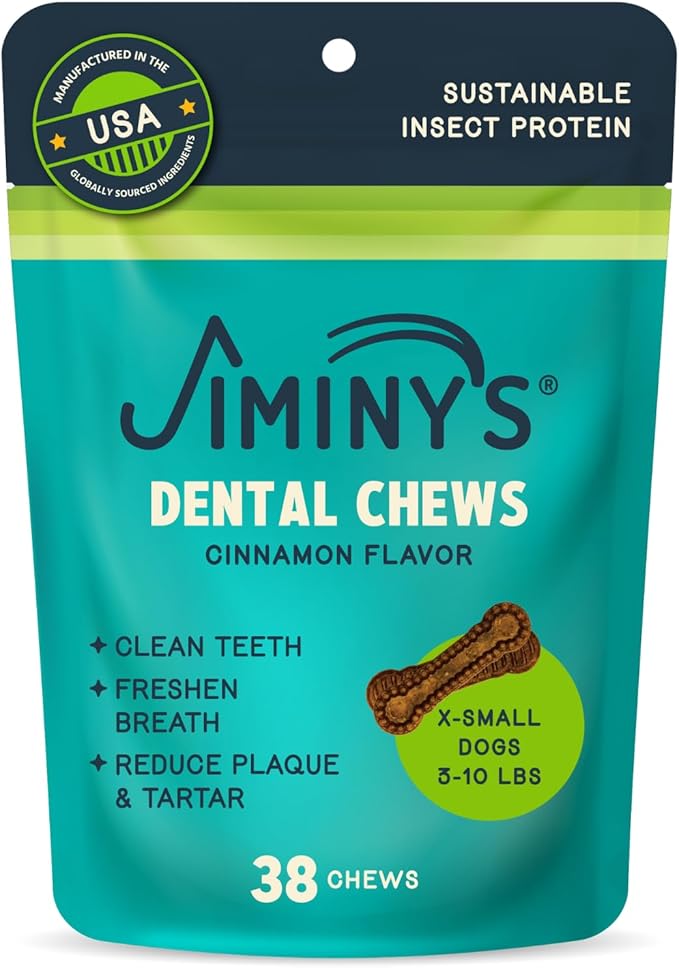 Jiminy's Dental Chews for Dogs, Cinnamon Flavor, Scientifically Proven to Improve Oral Health, Dental Bones Clean Teeth, Fight Bad Breath, and Removes Plaque and Tartar, X-Small, 38ct (Pack of 6)