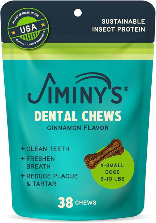 Jiminy's Dental Chews for Dogs, Cinnamon Flavor, Scientifically Proven to Improve Oral Health, Dental Bones Clean Teeth, Fight Bad Breath, and Removes Plaque and Tartar, X-Small, 38ct (Pack of 6)