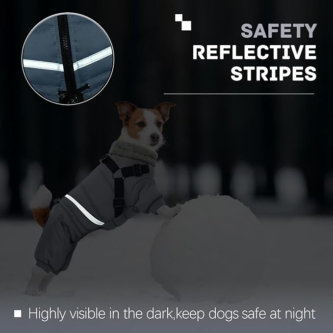 BRKURLEG Grey Dog Winter Coat, Cozy Winter Dog Jackets, Small Dogs Coat with Harness, Onesie Body Warm Puppy Jacket, Pet Reflective Windproof Cold Weather Jackets, Puppy Four-Legged Puffer Coats, XL