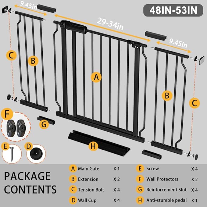 Fairy Baby Extra Wide Baby Gate 48-53 Inch Wide, Walk Through Pressure Mounted No Drill, Long and Large Tension Gate for Pet and Kids, Black