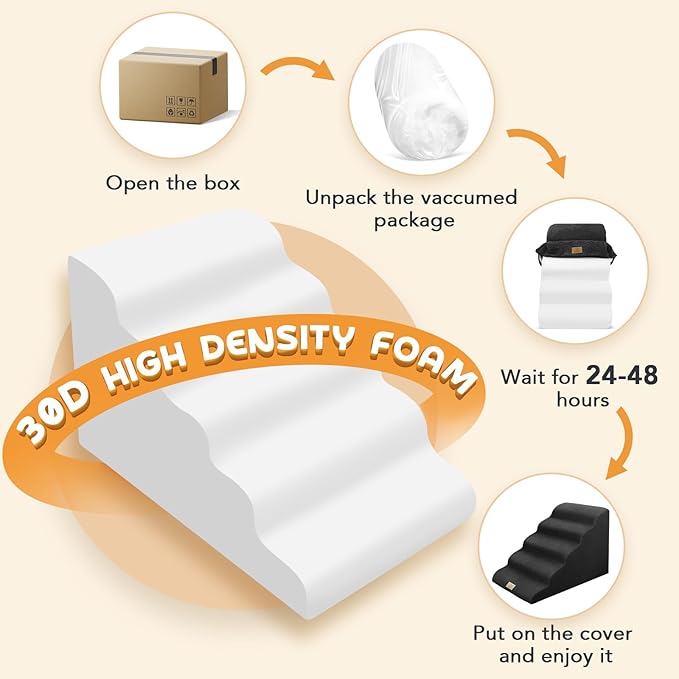 Mestuel Dog Stairs for High Bed, 22.8in Large Foam Pet Stairs to High Bed, 5 Steps Dog Stairs Ramp Indoor with Non-Slip Bottom, Pet Stairs for Large Small Medium Dogs, Black