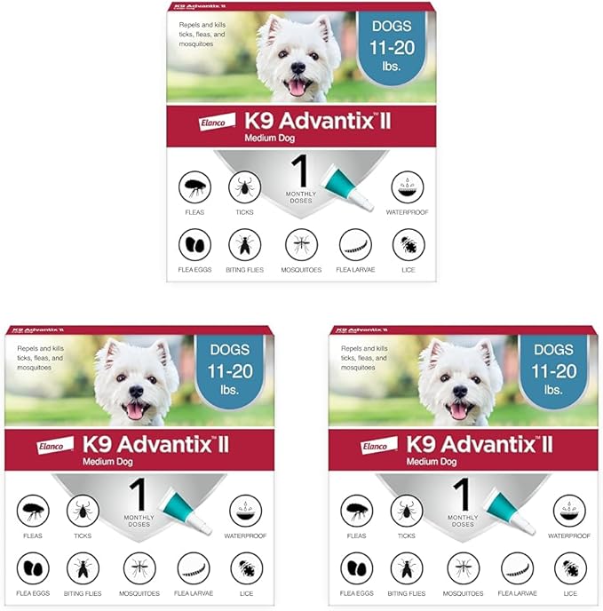 K9 Advantix II Medium Dog Vet-Recommended Flea, Tick & Mosquito Treatment & Prevention | Dogs 11-20 lbs. | 1-Mo Supply (Pack of 3)