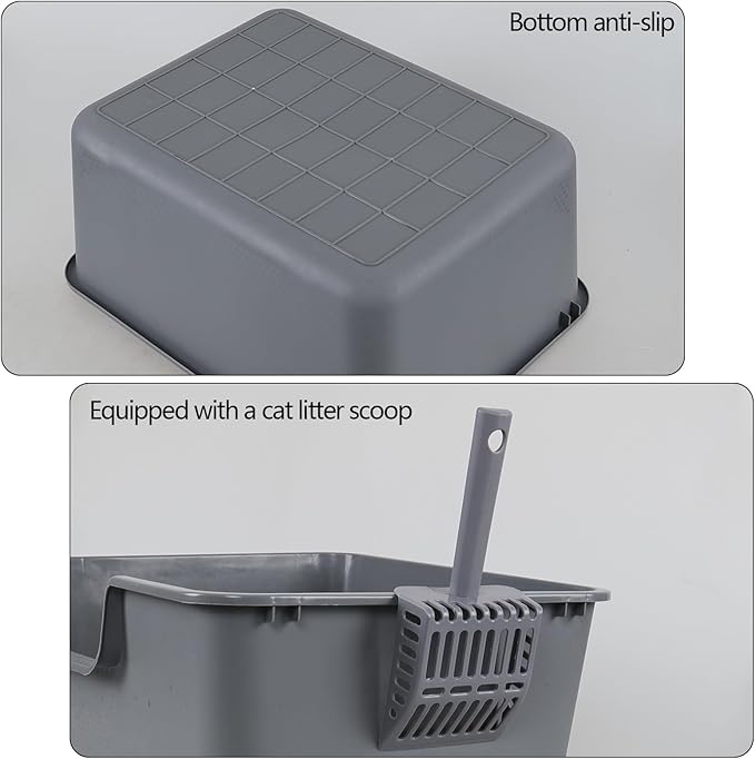 4-Pack Plastic High Wall Cat Litter Box with Scoop, Open Air Kitty Litter Pan, Gray