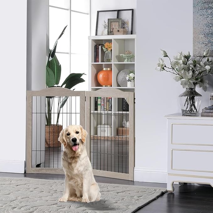 unipaws 44" Wide Dog Gate and Extension Kit, Free Standing Pet Gate, Wooden Dog Gates for Stairs, Doorway, Indoor Safety Fence for Dogs, 31.5" Height, Weathered Grey