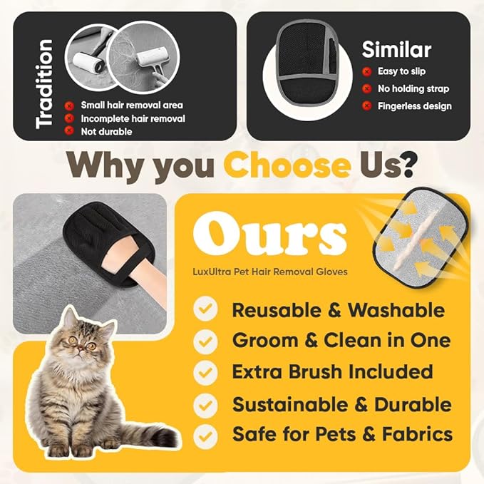 LuxUltra 2 Pcs Electrostatic Pet Hair Removal Gloves for Furniture, Couch, Carpet & Clothes | Reusable & Washable Fur Remover Mitt Set | Includes Bonus Cat & Dog Grooming Brush