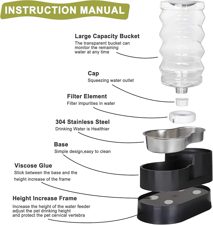 RIZZARI Upgraded Automatic Dog Water Dispenser: 9L Black Gravity Large Stainless Steel Raised Pet Feeder with Filter - Includes 2 Extra Filters & 2 Bottle Caps - Pet Feeder for Dogs Indoor Outdoor