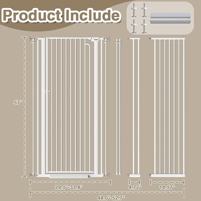 57" Extra Tall Cat Gate, 48.0"-52.7" Wide Pet Gate for Doorway, Pressure Mounted Tall Baby Gate with Door, Walk Through Dog Gate Indoor Stairs, Auto Close Cat Safety Gates, White