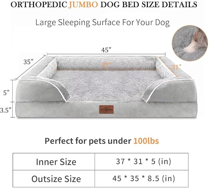 Comfort Expression Orthopedic Dog Bed for Extra Large Dogs 45x35 Inch, Waterproof Supportive Memory Foam XL Pet Bed with Removable Bolsters, Dog Couch with Washable Cover & Non-Slip Bottom, Light Grey
