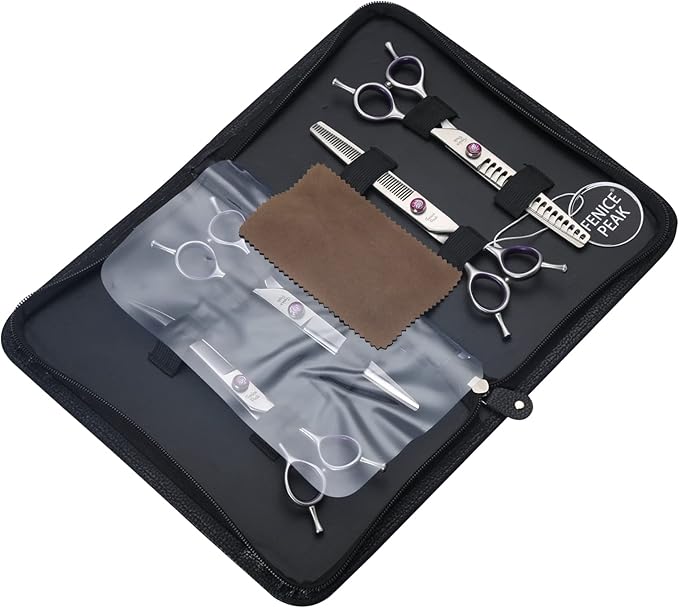 Fenice Peak 7'' Dog Grooming Scissors Set 4PCS Straight Curved Thinning Chunker Shears with Purple Finger Rings and Flashing Screw 440C Stainless Steel Natural Color Trimming Shears Durable and Sharp