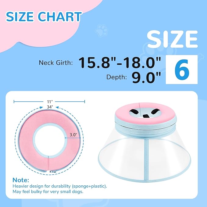 Sponge Core Dog Cone, Inflatable Dog Cone Collar Alternative, Dogs Donut Collar After Surgery, Soft Cone for Large Medium Small Dogs to Stop Licking, No Inflation Required, Clear View(Size 6, Pink)