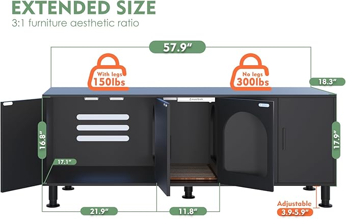 Double Litter Box Enclosure, Litter Box Enclosure for 2 Litter Boxes, Modern Litter Box Furniture for 2 Cats, with Cat Door & Motion Light (Black)