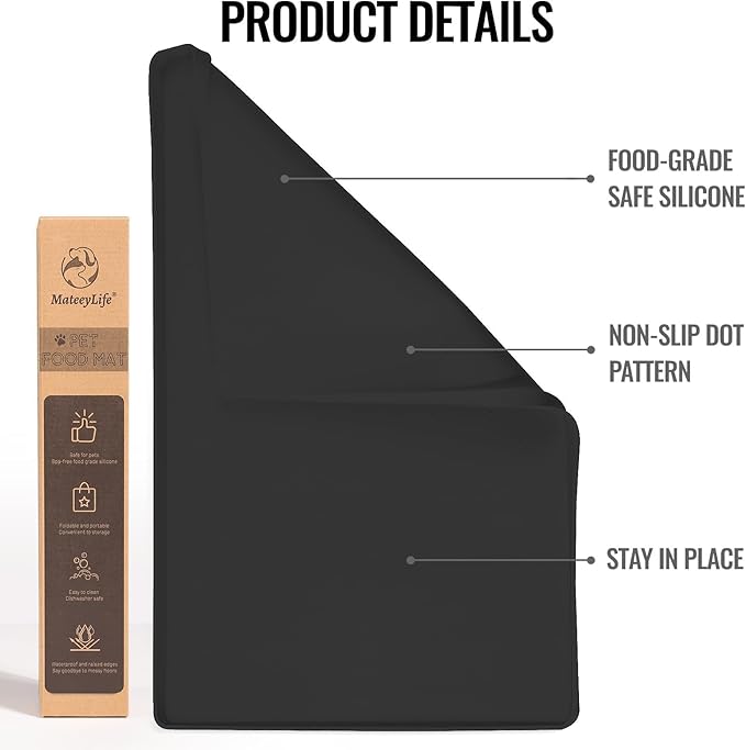 MateeyLife Dog & Cat Food Mat for Floors Waterproof, Nonslip Pet Feeding Mats with Raised Edges, Silicone Matt Tray for Messy Drinkers, 22"x14", Black