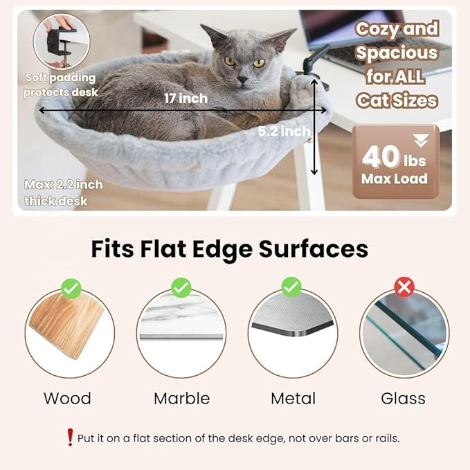 Cat Desk Bed - Stable and Sturdy, Rotating Cat Hammock, Desk Perch with 2 Washable Covers, Non-Slip Clamp - Safe, Space-Saving Cat's Furniture for Remote Workers, Gamers, Holds Up to 40lbs