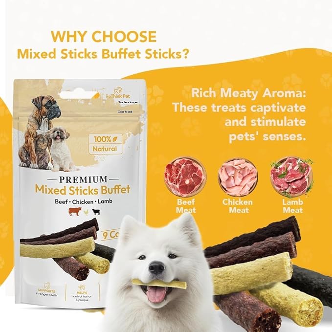 Premium Mixed Buffet Sticks for Dogs – Variety Pack with Lamb, Chicken & Beef, Training Dog Chews, High Protein, All Natural Dog Treats (3 Packs, 27 Sticks)