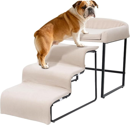 Dog Stairs with Beside Pet Bed Set for Window Bed Sofa Sturdy Metal Frame with Soft Cushion 3 Stairs Dog Steps and Window Perch for Small Pets (with Pet Bed)