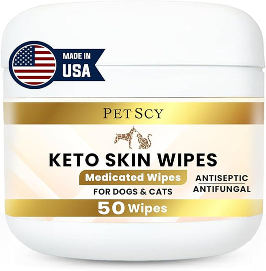 Petscy Travel Keto Skin Wipes - Antiseptic Dog Wipes for Paws, Ears, Facial Folds, Underarms & Other Sensitive Areas for Dogs & Cats – Aloe-Infused, Non-Greasy Formula - 50 Wipes