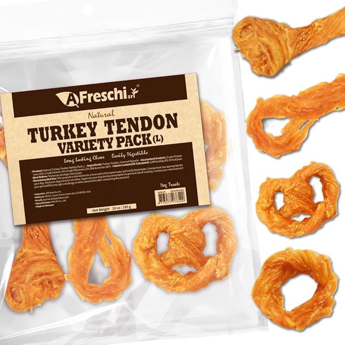 Afreschi Turkey Tendon Variety Large Pack 10 oz, USA-Sourced Turkey Tendon, All Natural Puppy Chew, Hypoallergenic, Rawhide Alternative