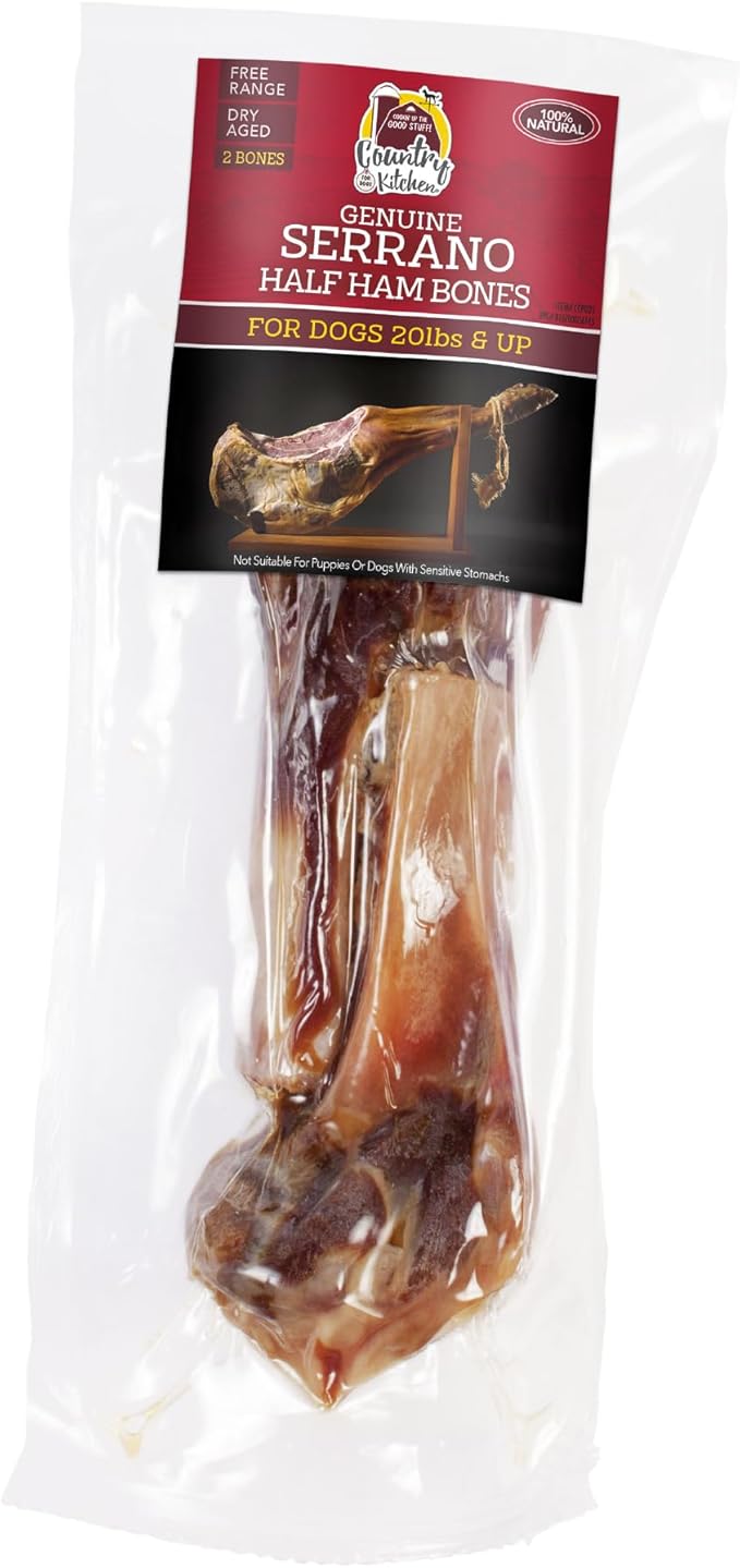 Country Kitchen Genuine Serrano Ham Bone, 100% Natural, Dry Aged, for Medium Sized Dogs, Pack of 2