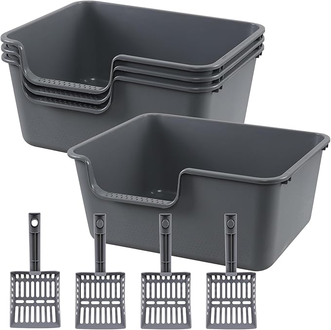 Xyskin 4 Pcs Cat Litter Box, Anti-Splashing Kitty Litter Pan with Scoops, High Sides Cat Litter Box Tray, Grey