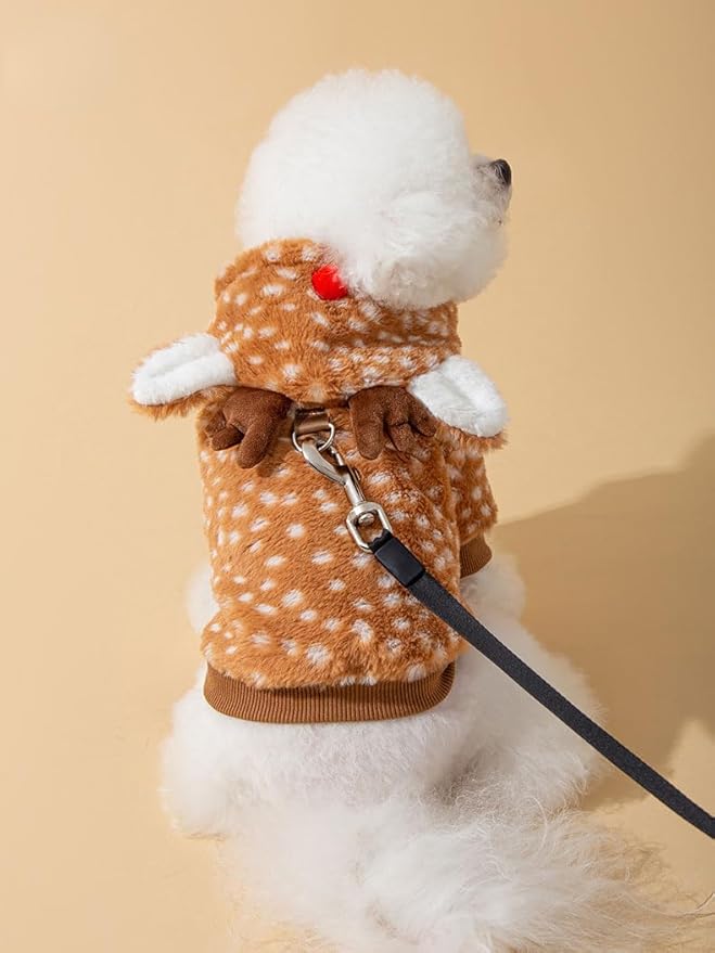 AZA Reindeer Dog Costume Fluffy Christmas Clothes Moose Coat Winter Pet Hoodies Puppy Girl Cute Coat Outfits for Small Dogs Costumes (S（Suitable：3.5lb-5.5lb）,Moose Brown)