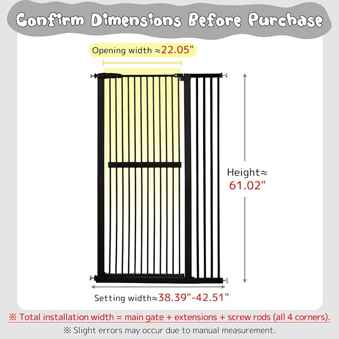 Lumizone Extra Tall Cat Gate 61.02" High Pressure Mounted Extra Wide 38.39"-42.51" (17Sizes) 1.37" Gap No Drilling Auto-Close Tall Pet Gate for Dogs (Black, 38.39"-42.51"/97.5-107.5cm)
