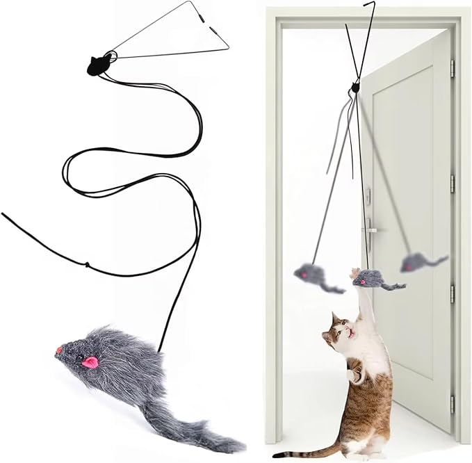 Interactive Cat Toys for Indoor Cats - Hanging Door Cat Toy with Bouncy Mouse and Bell - Door-Mounted Fun Toy for Cats at Home - Includes 2 Bonus Attachments