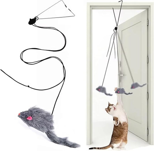 Interactive Cat Toys for Indoor Cats - Hanging Door Cat Toy with Bouncy Mouse and Bell - Door-Mounted Fun Toy for Cats at Home - Includes 2 Bonus Attachments