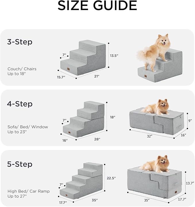 Made4Pets Dog Steps for Bed, Extra Wide Dog Stairs for High Bed Couch Sofa, 35D Foam Pet Steps for Small Dogs and Cats(Up to 40lbs), Non-Slip Bottom Pet Stairs, Light Grey, 4 Steps
