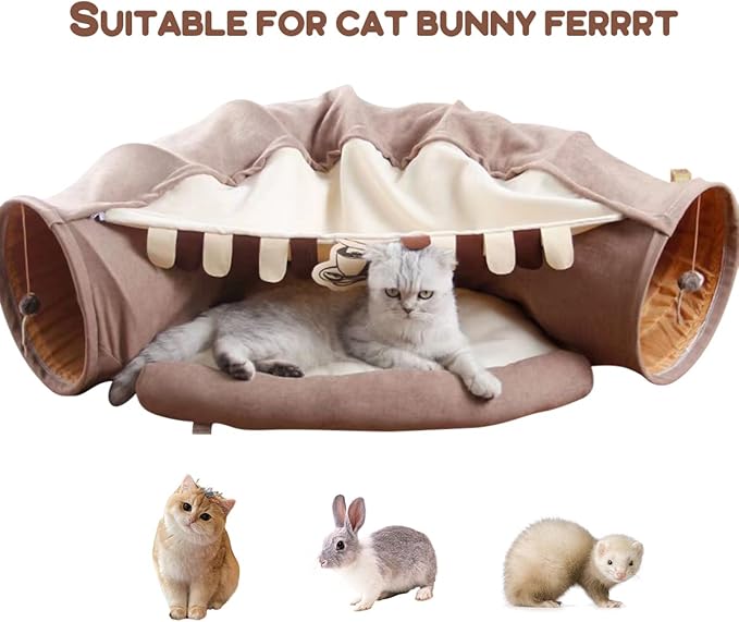 Cat Rabbit Tunnel Bed Nest for Cats Indoor, with Collapsible Washable Soft Cushion, Plush Ball and Exercise Wheel Tube, Fit for Puppy Bunny Kitty Kitten Ferret(2.Coffee)