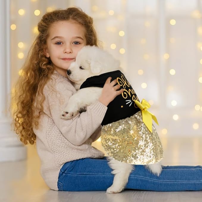 Happy New Year Outfit - Dog Dresses & Costumes for Small & Large Dogs - Funny Puppy Dress with Bow - Holiday & Christmas Costume