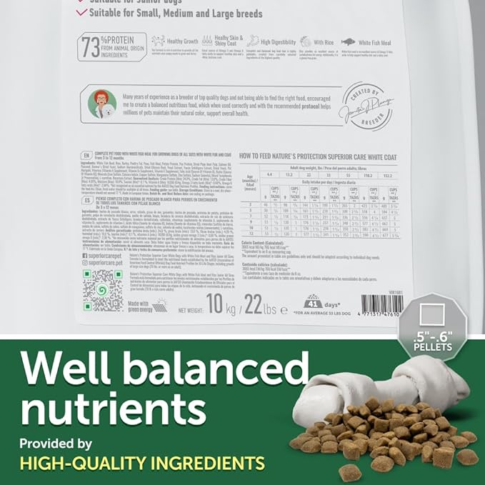 Nature's Protection Dry Puppy Food for Small & Large Breed - High Protein, Tear Stain Formula - Dog Kibble for Dogs with Light Fur (Superior Care - White Fish, 22 lb)