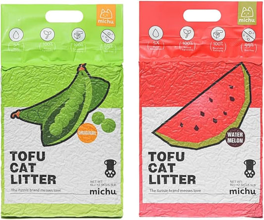 Michu Tofu Cat Litter Natural Clumping Tofu Cat Litter, Fast Clumping and Easily Scoop-able 5.5lb/88oz 5 Scents - Original + Watermelon, 2 Pack