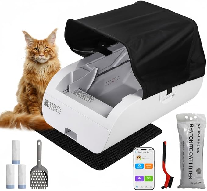 Self-Cleaning Automatic with Open-Top Design Cat Litter Box-Smart APP Control (2.4G/5G) with Health Tracking&24H Backup, Dual Safety Sensors&Odorless Design for Multi-Cat Homes (with Tent)