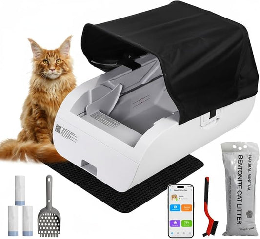 Self-Cleaning Automatic with Open-Top Design Cat Litter Box-Smart APP Control (2.4G/5G) with Health Tracking&24H Backup, Dual Safety Sensors&Odorless Design for Multi-Cat Homes (with Tent)