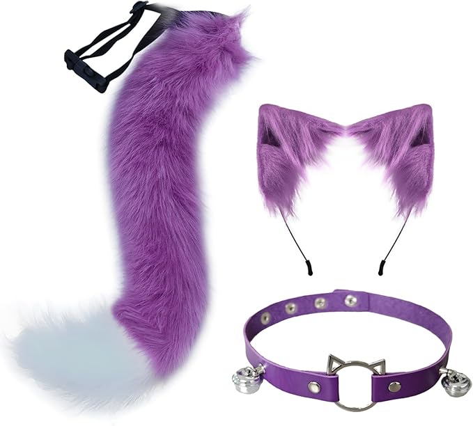 Cat Ears and Wolf Fox Animal Tail Cosplay Costume Faux Fur Hair Clip Headdress Halloween Leather Neck Chocker Set