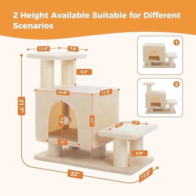 3-in-1 Dog Stairs & Cat Scratching Post with Condo, Pet Steps for High Beds, Sofa, Couch, Tall Cat Tower, High-Strength Boards for Indoor Small Cats Kittens Dogs Climbing Playing, 3 Steps-Beige