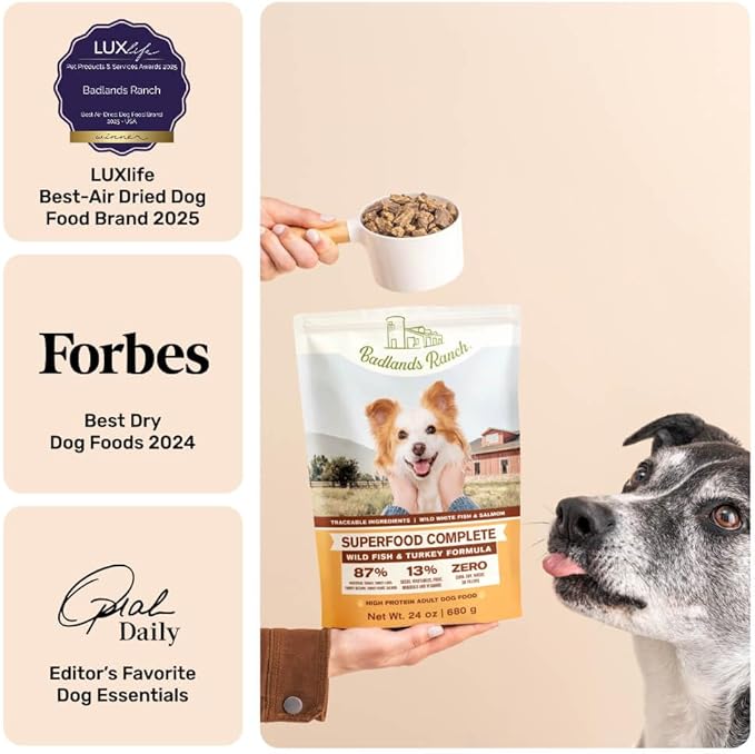 BADLANDS RANCH by Katherine Heigl- Superfood Complete, Air-Dried Adult Dog Food - High Protein, Zero Fillers, Superfood Nutrition (24 Ounce (Pack of 4), Fish & Turkey)