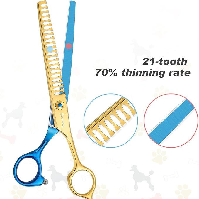 Dog Cat Scissors for Grooming, Pet Shears for Thick Coats and Matted Hair, Thinner Curved Straight Chunker Stainless Steel Shears Blue