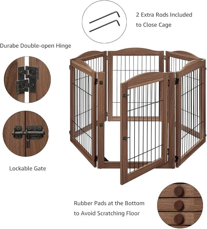 unipaws Pet Playpen with Wood and Wire, 6 Panels Extra Wide Freestanding Walk Through Dog Gate with 5 Support Feet, Foldable Stairs Barrier Pet Exercise Pen for Dogs Cats